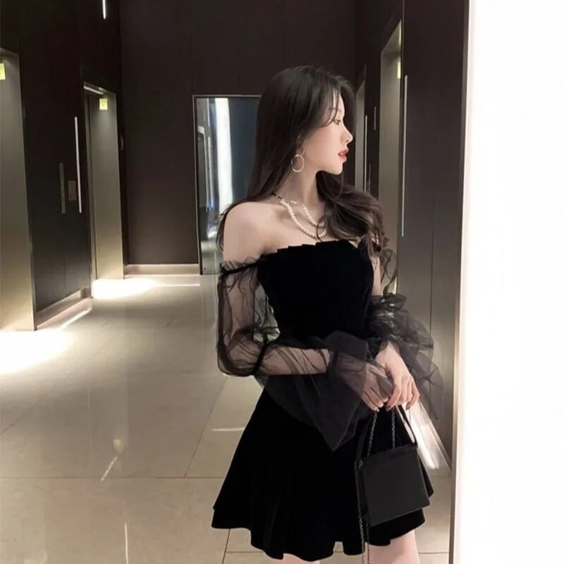 2022 黒レトロドレス女性レースシフォンミニドレスストリート 2022 黒レトロドレス女性レースシフォンミニドレスストリート