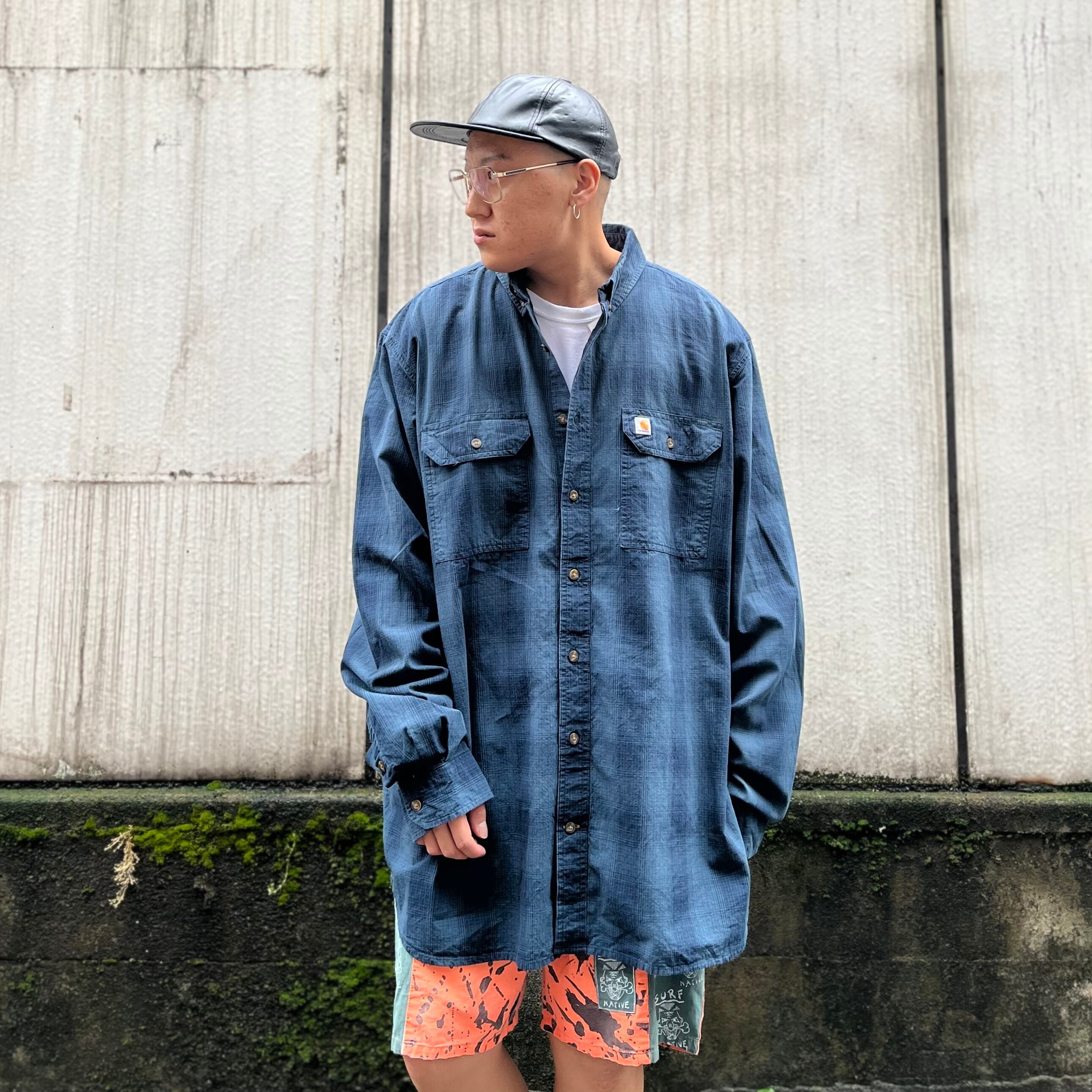 size：2XLT【 Carhartt 】カーハート 長袖 ボタンダウン チェックシャツ ビッグサイズ オーバーサイズ 青 ネイビー 古着 古着屋  高円寺 ビンテージ