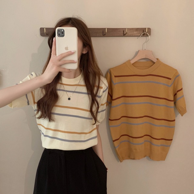 ニットセーター サマー薄手スタイルルーズストライプラウンドネックプルオーバー 半袖スリーブトップス ショート ハーフスリーブ 夏物 Oネック YY-ファッション61431154250
