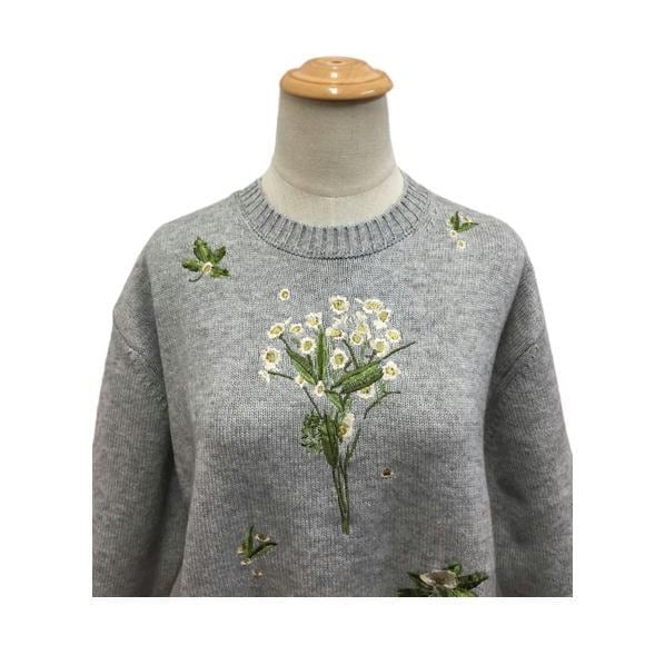 美品✨スーパービューティー　L 刺繍　ニット　セーター　アイボリー　花束　リブ