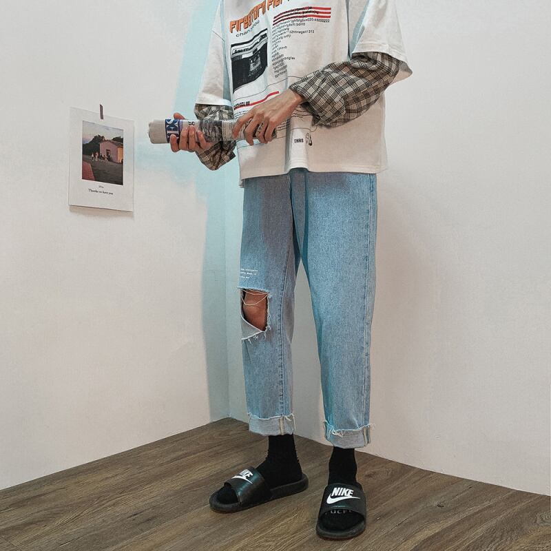 全1色 デニム パンツ ストレート カジュアル ダメージ