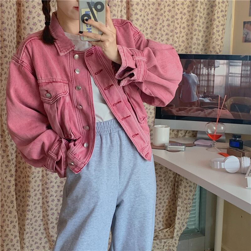 送料無料 今っぽレトロコーデ ピンクデニムジャケット アウター コート ジャンバー カジュアル ジーンズ 古着風 通学 Lamitte Deco トレンド 韓国ファッション ショップ Base店