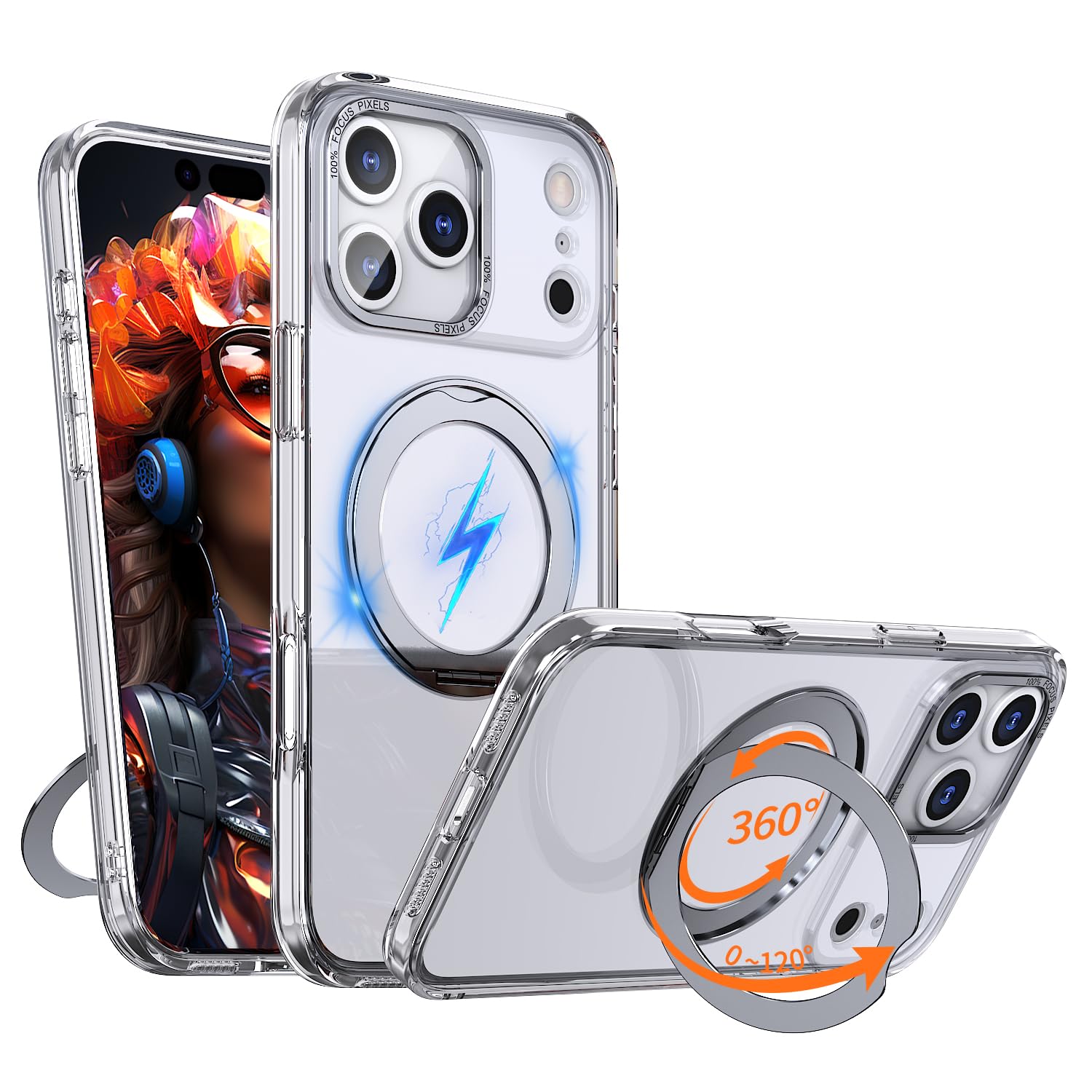 iPhone 17 / 18 Pro 用 ケース 360° 回転リング MagSafe アイフォン18プロ カバー ワイヤレス充電 リング TrendKase 18pro 携帯ケース マグセーフ対応 あいほん18プロ スマホケース 縦横無尽に回転 多機能スタンド 衝撃吸収 柔軟フレーム 「クリア」