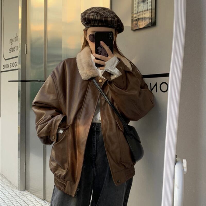 スタンダードファーカラーレザーウィンタールーズベルベットジャケット カジュアル レトロ 冬物 YY-ファッション99000945309