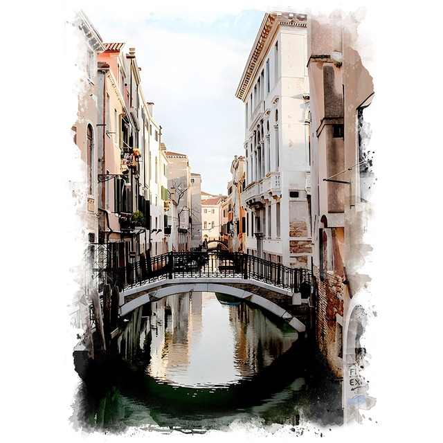 ヨーロッパ水辺の風景 水彩画 原画 （ヨーロッパ風景画 賑やかな漁村  