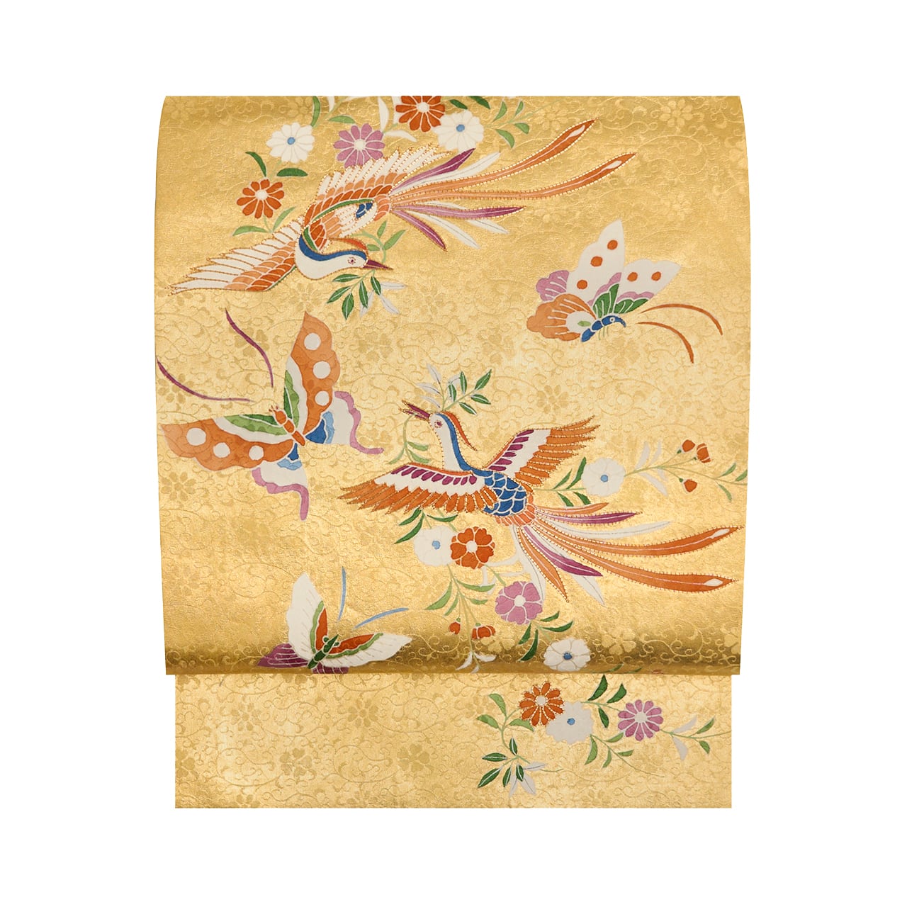 帯 鳳凰 花文様 刺繍 金糸 鳳凰と蝶々の模様 手描友禅に摺箔 名古屋帯 【未着用品】 | かわの屋
