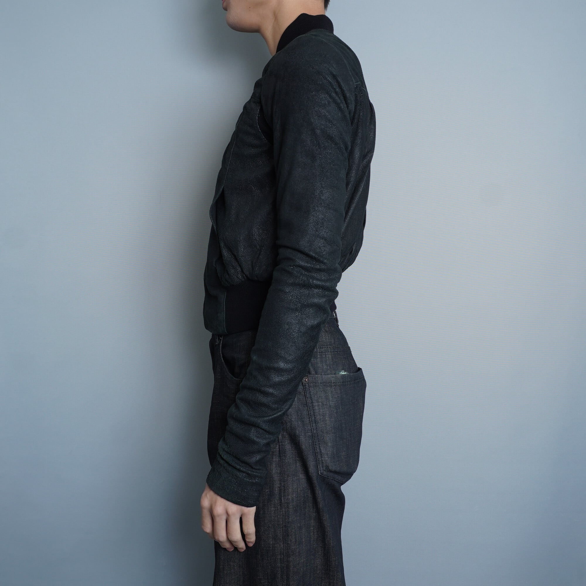 稀少サイズ　美品　19/20SS　リックオウエンス　カーフレザー　インターシャ Rick Owens】リックオウエンス カーフレザーニット切替ギャザージップ