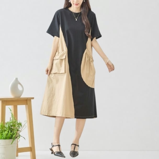 ギャザーワンピース 異素材カラー 切替 N83-302 ベージュ TRUBE ミセス M L fmsd 配色ワンピース ゆったり 体型カバー 大人カジュアル きれいめ 半袖 上品 ミセス 春夏