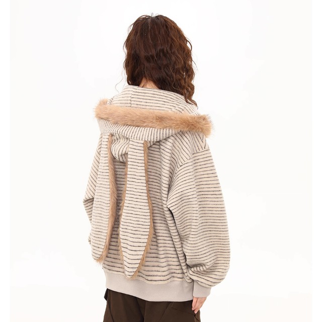 eunny ear fur border hoodie　バニーイヤーファーボーダーパーカー　J1599