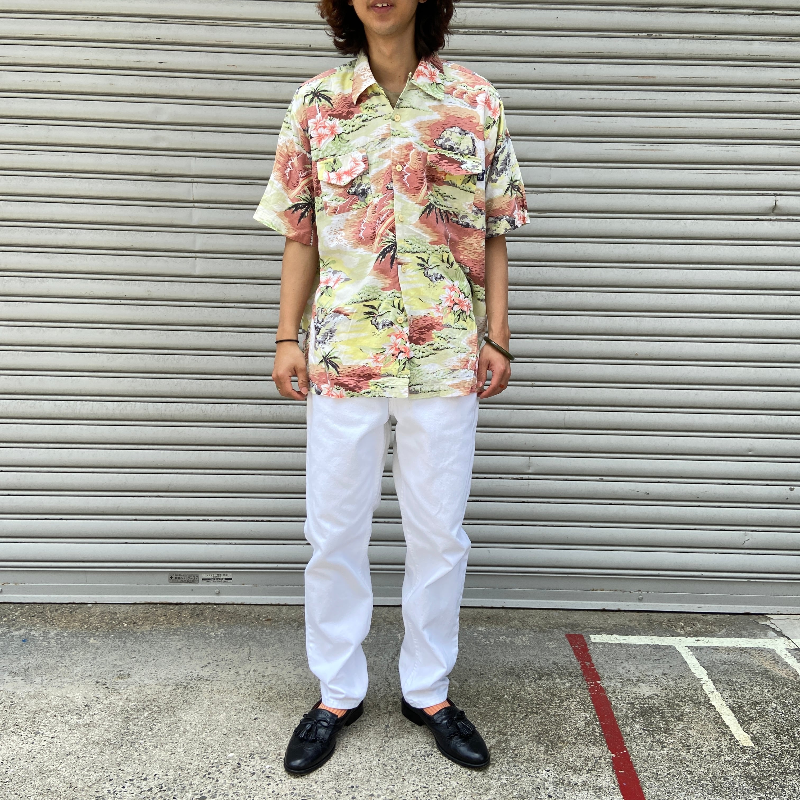 送料無料』stussy ステューシー 90s 半袖アロハシャツ USA製 L 紺タグ 