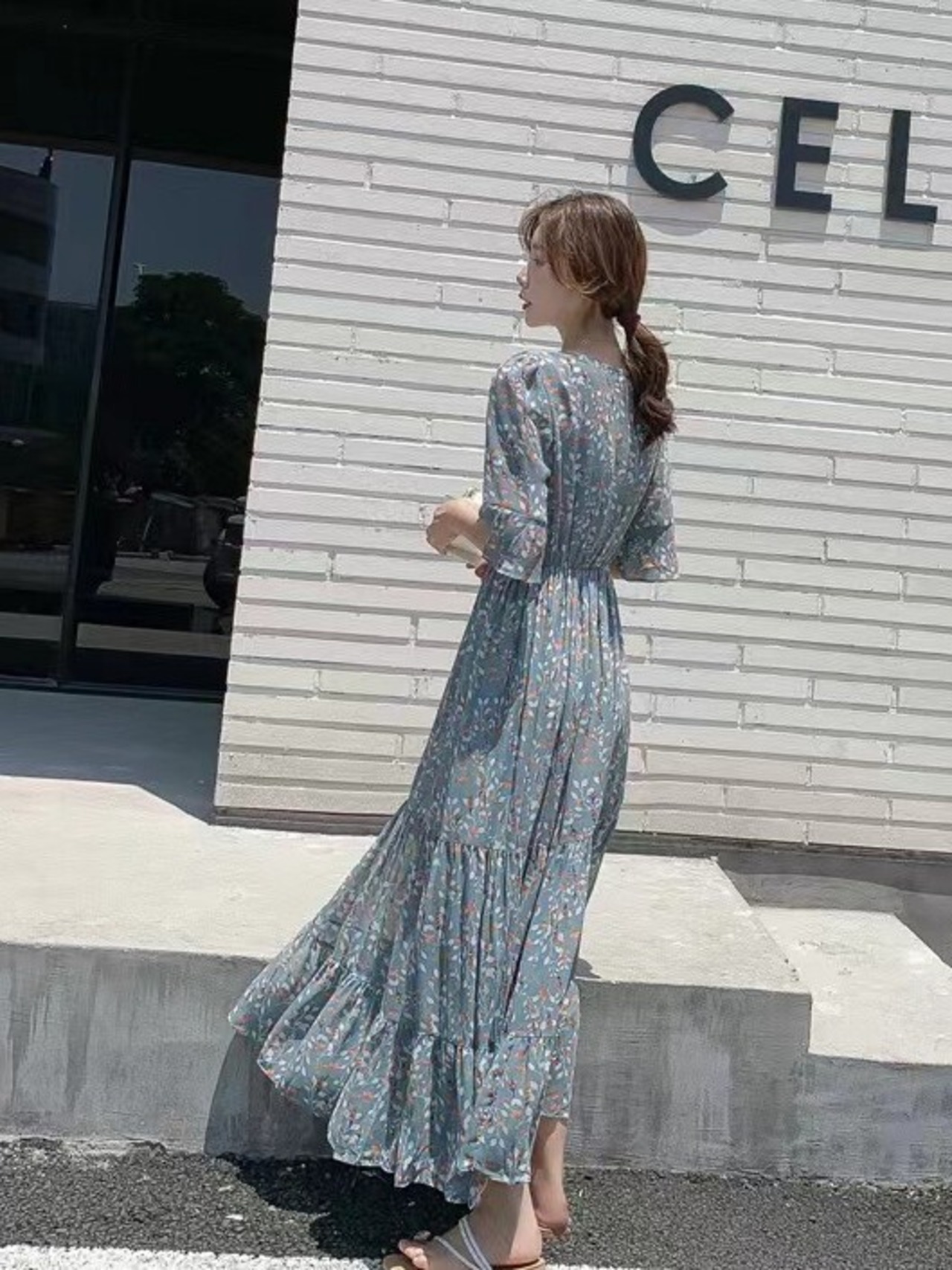 シフォンプリントマキシワンピース D1341