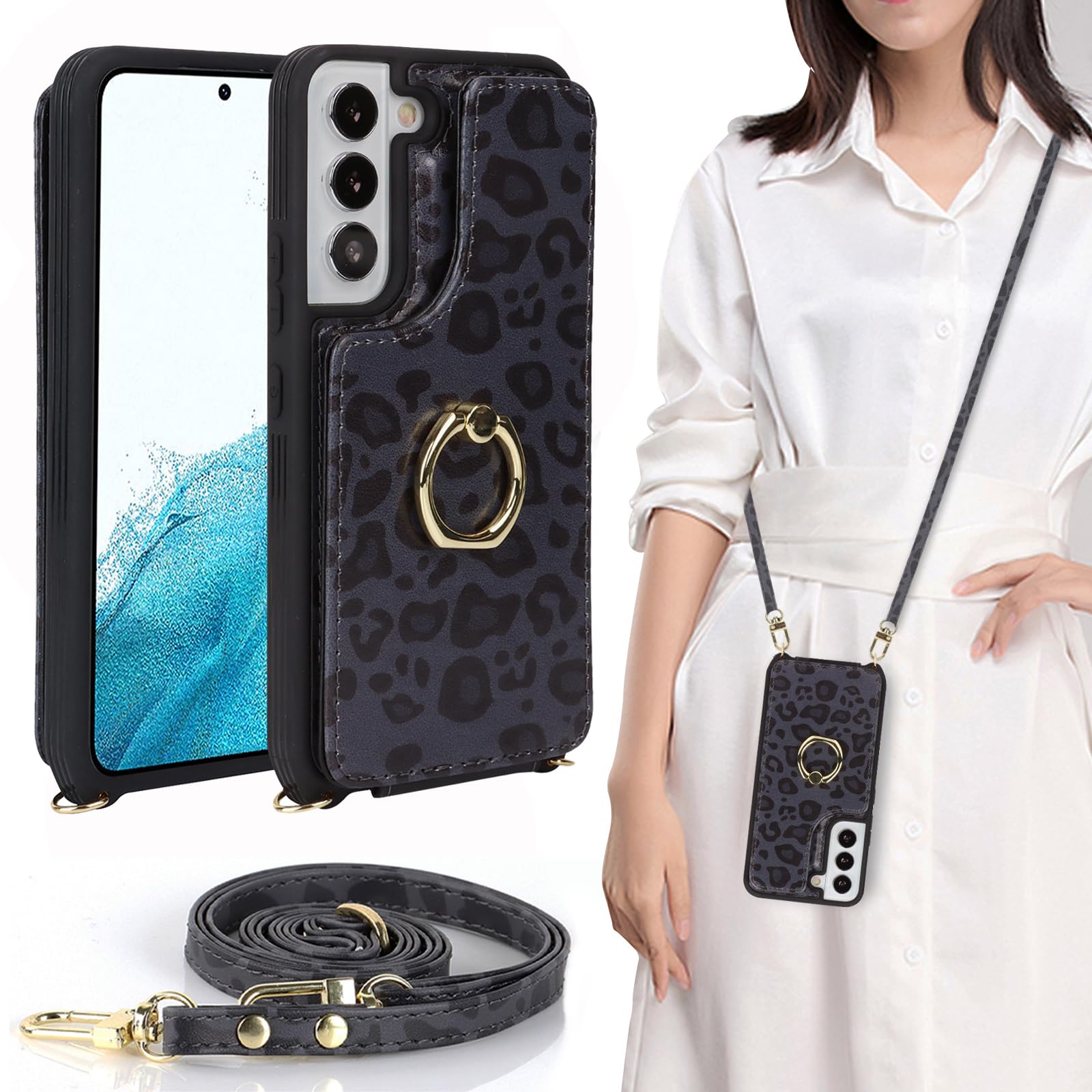 Galaxy S22 ケース ショルダー リング付き ストラップケース スマホケース ショルダーケース ポシェット SC-51C docomo SCG13 au 対応 サムスンS22 galaxyケース SC51Cケース SCG13カバー エス22カバー サムスン ギャラクシーS22ケース 適用 case iCoverCase カードケース スタンド 斜め掛け 携帯カバー 豹柄 ヒョウ柄 ブラック