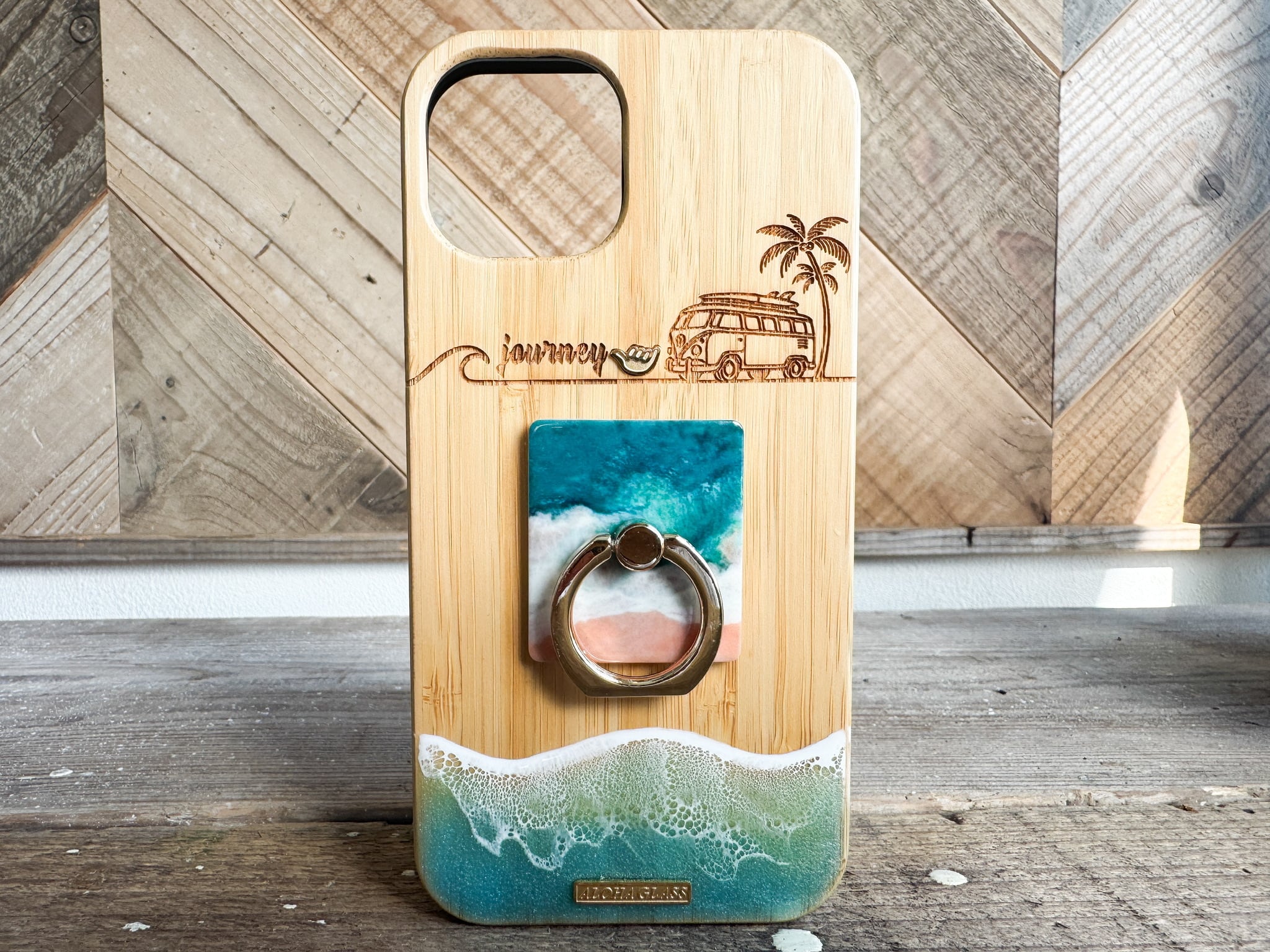 aloha wagon ring/wood×resin earth blue wave case(bamboo)