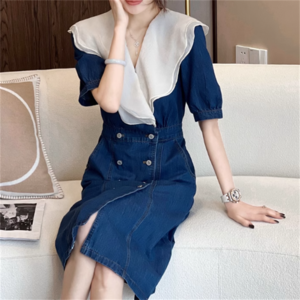 【送料無料】 ワンピース 2色 ロングワンピ ロング ミモレ 袖あり 半袖 Vネック Aライン フレア デニム 異素材切り替え ドッキング バイカラー 薄手生地 可愛い 大人可愛い きれいめ シンプル カジュアル シック コンサバ 華やか 大人 上品 おしゃれ お洒落 こなれ感 高見え 高級感 フェミニン ラフ 無地 夏 20代 30代 40代 レディース 女性 デート お出かけ 女子会 お呼ばれ 休日 お茶会 授業参観 着回し 普段使い オルチャン 韓国系 ファッション デコラティブ プチプラ 着痩せ