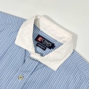 90s CHAPS チャップス CUSTOM FIT ストライプ 長袖シャツ L/ブルー系 メンズ ビンテージ
