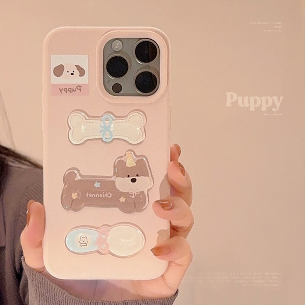 癒しのパピー◎ぷっくりステッカー 立体デコ 韓国ケース ピンク カメラ保護フレーム かわいい 子犬 スマホケース ND-15997
