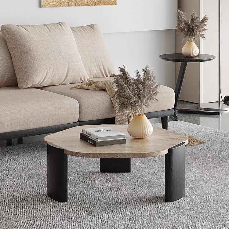 模造トラバーチン ラウンド 六角形 ローテーブル リビングテーブル