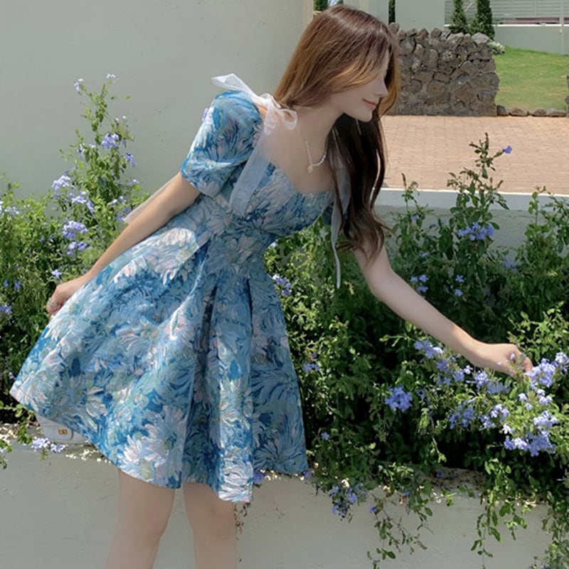 Qgzシリーズ ワンピース ショート丈 油絵風 セクシー 可愛い 花柄 デート お祭り 撮影 青い Elegant