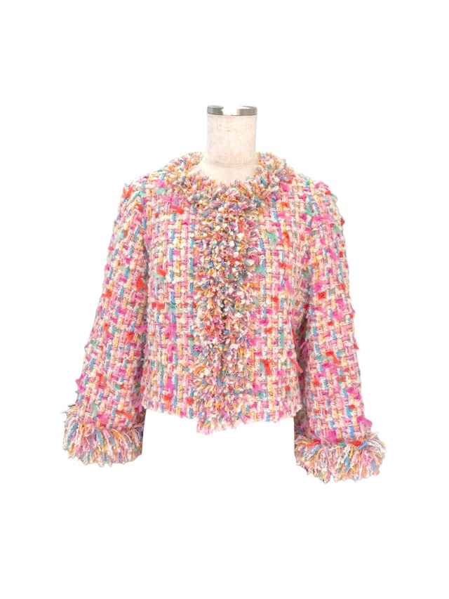 フリンジデザインツイードジャケット   white pink mix