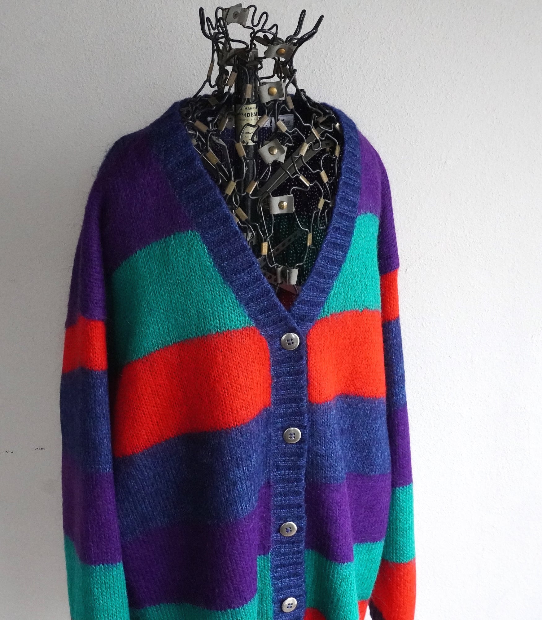 1990's [KNIT KNIT] モヘアmixニットカーディガン マルチカラー ワイド