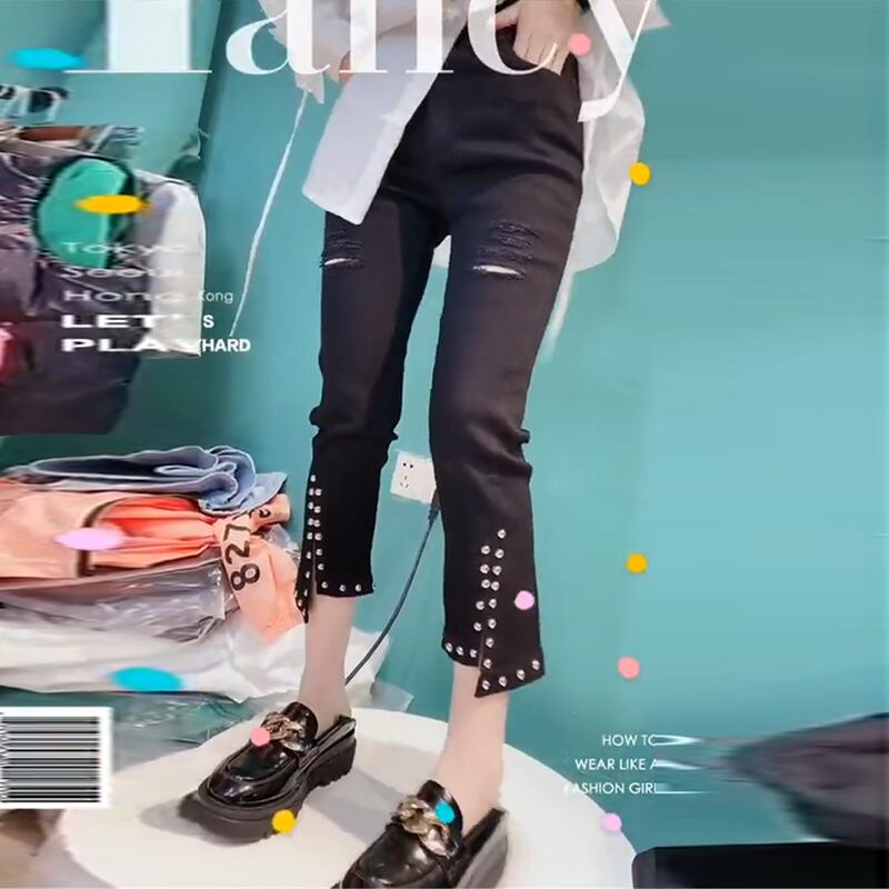 ジーンズ サマー薄手ハイウェストウェストクロップド 大きめサイズ 夏物 ミックスインファッション89705330985