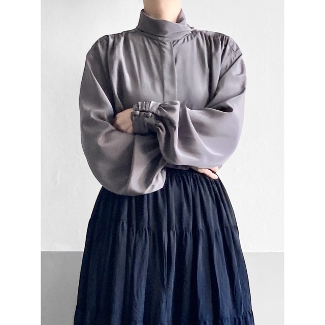 Gray High Neck Gatherd Blouse