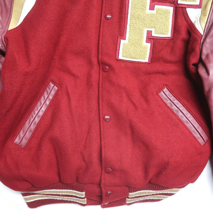 古着 Leader ウール スタジャン 袖レザー ワインレッド 表記：L