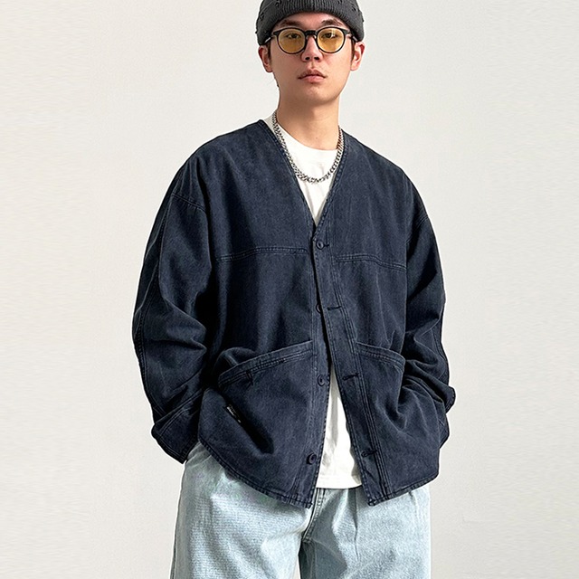 RIHE STORE紺色Vネックデニムカーディガン