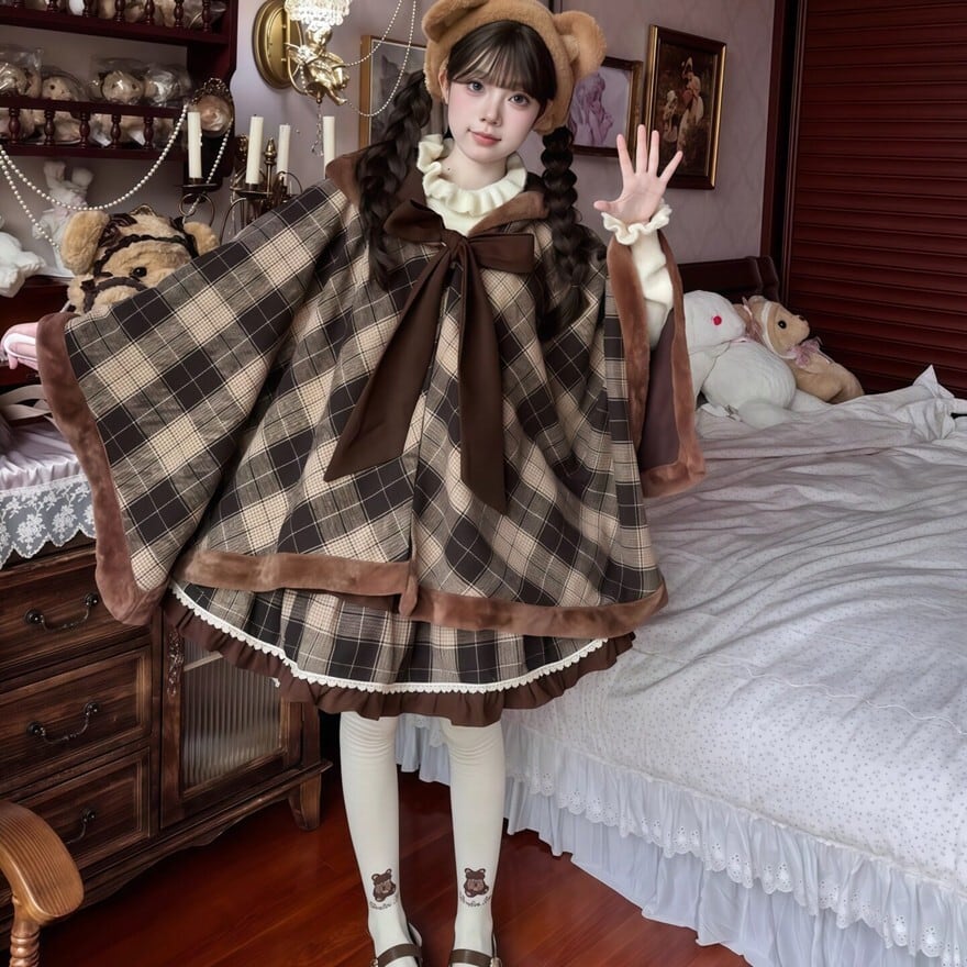 小さな探偵 チェック柄 3点セット クラロリ リボン キャラメルココア