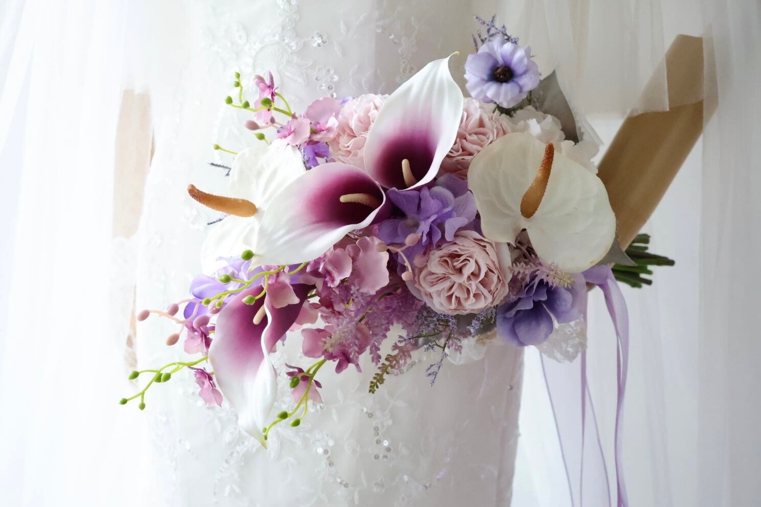 クラッチアームブーケ 造花ウェディングブーケ パープルブーケ