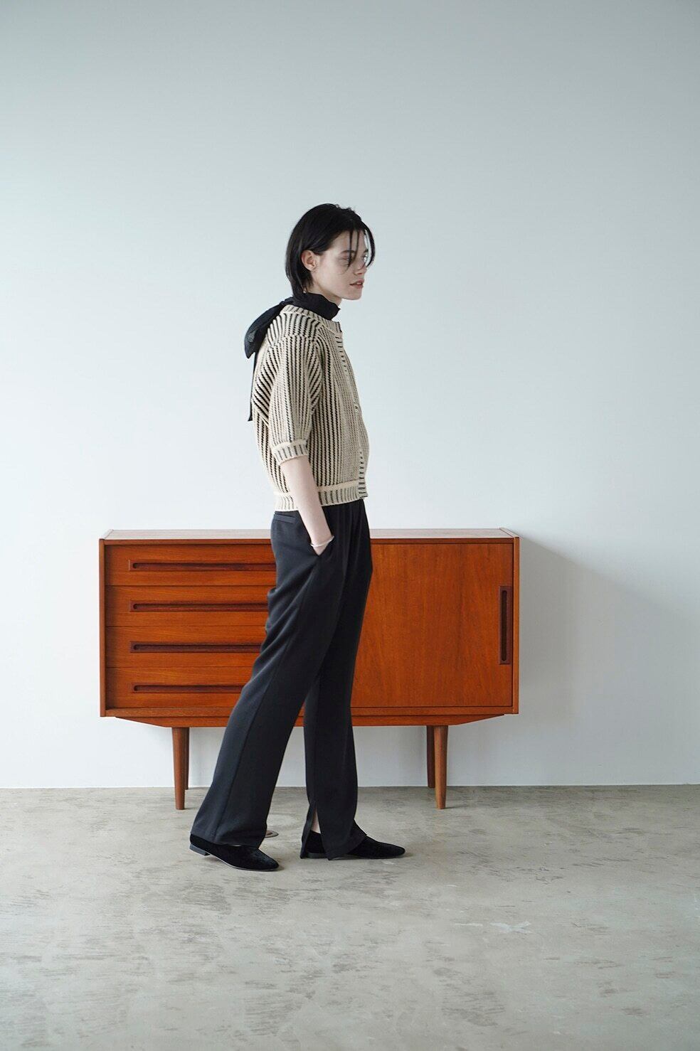 CLANE(クラネ) STRIPE CABLE HALF SLEEVE CARDIGAN | サウスオレンジ