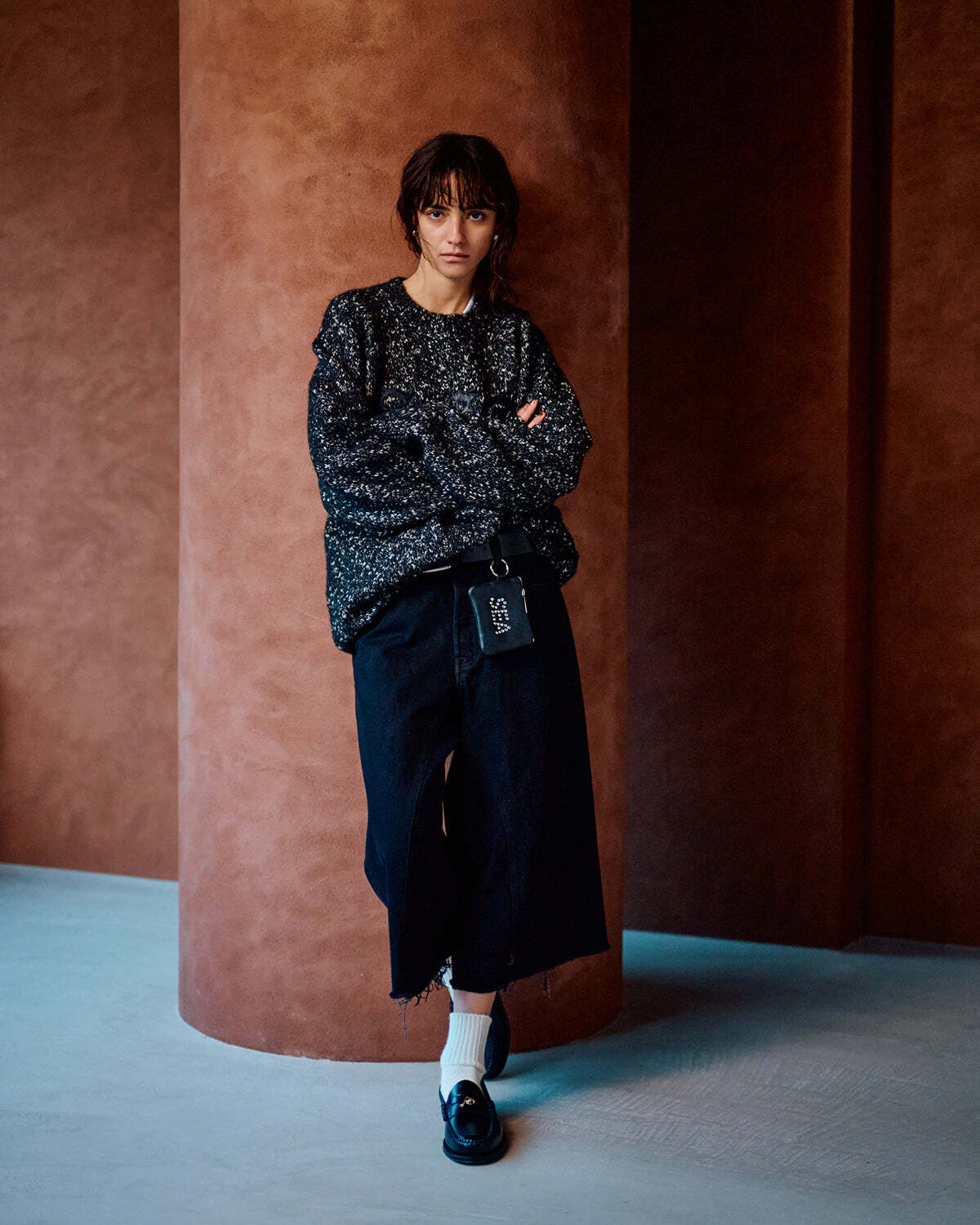 WIND AND SEA ウィンダンシー Leather Patch Knit Sweater【BLACK