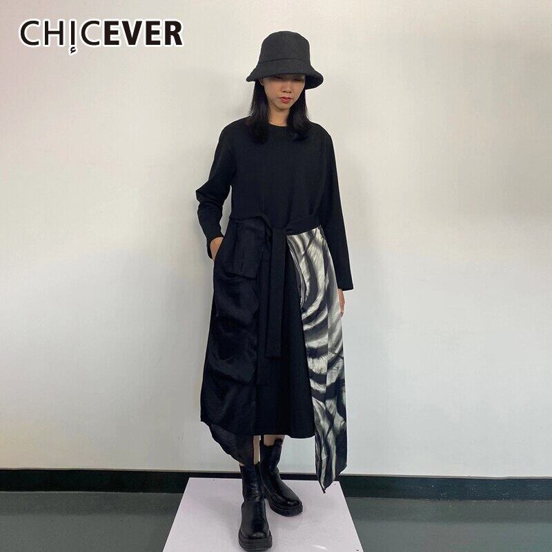 CHICEVERヴィンテージフェイクツードレス女性Oネック長袖ルーズパッチワークヒットカラーレースアップブラックドレス2020服 ロング ビンテージ 6base58484304568