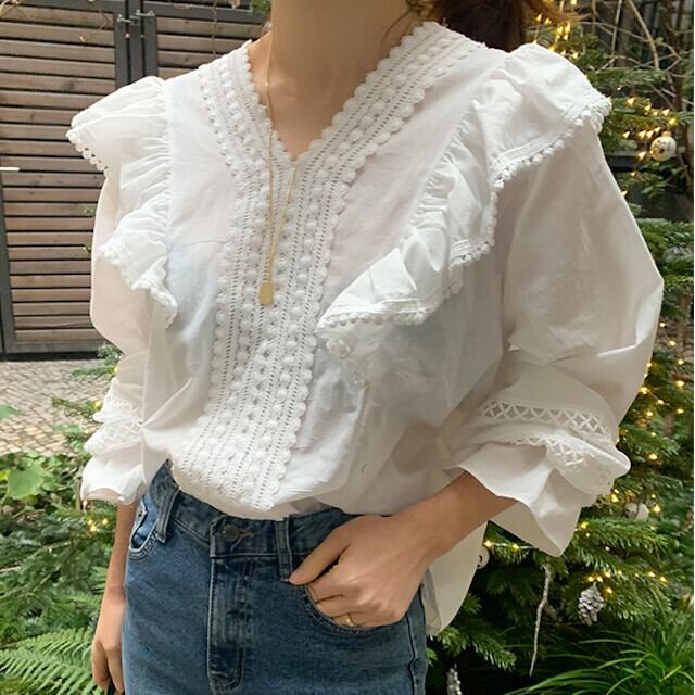 レディース ブラウス Vネック ベルスリーブ ボリュームスリーブ レース フリル 無地 ホワイト S/M/L