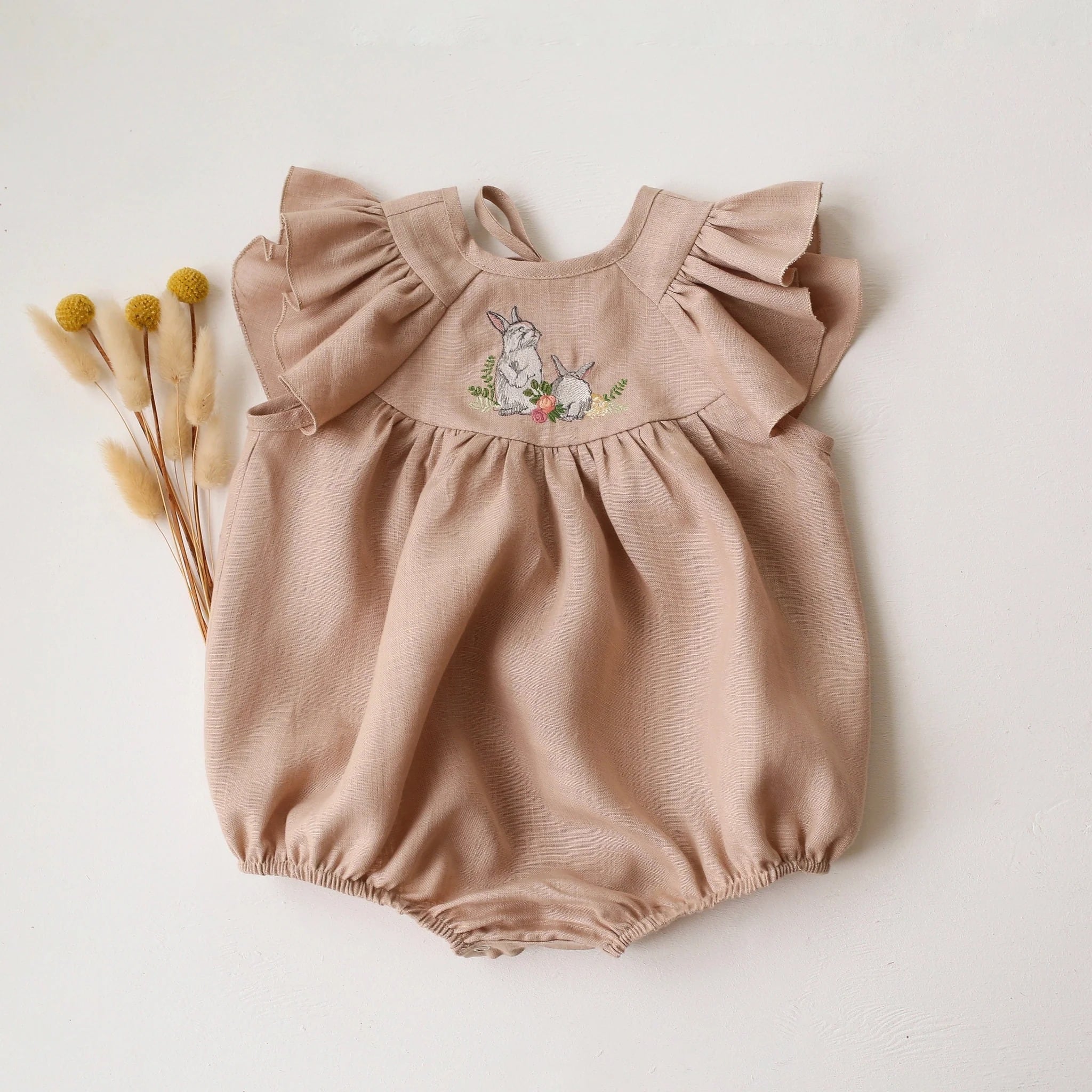 【予約】Dannie and Lilou / LINEN / Flutter Sleeve Tie Back Bubble Playsuit