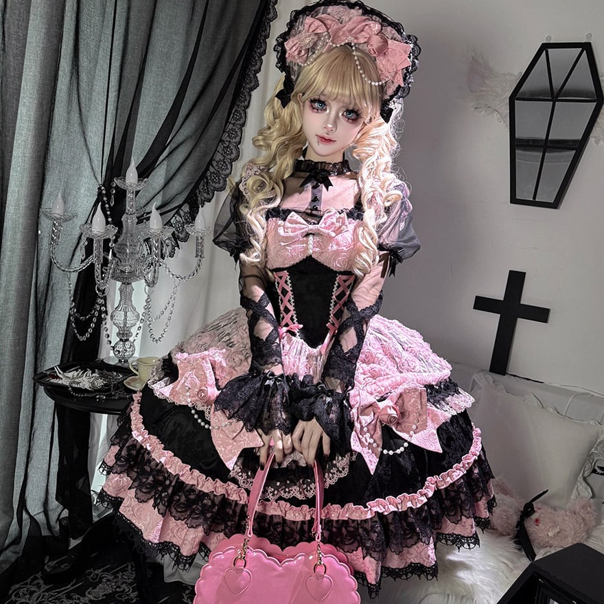 地雷系 ボンネット ダーク ゴシック レースアップ 薔薇 リボン