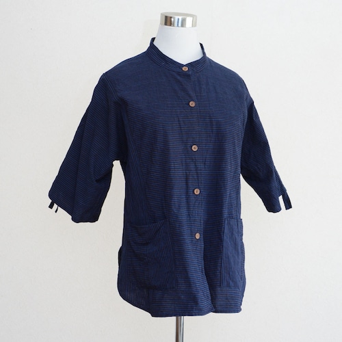 木綿 縞模様 バンドカラー ブラウス/袖紐付き・裾ポケット