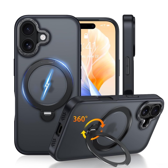Fadkzyxr iPhone 17 用 ケース「MagSafe対応・360°定点回転スタンド」ワイヤレス充電 縦横両対応【ブラック】