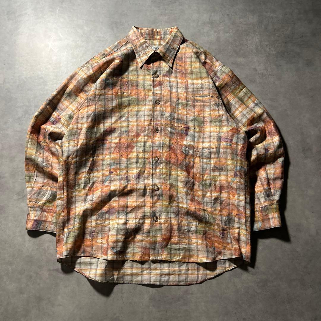 ヴィンテージ チェック レトロ 幾何学 模様 オレンジ デザイン シャツ