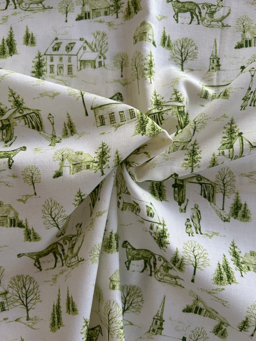 USA 輸入コットンファブリック Christmas Bells クリスマスベル トワルドジュイ Toile de Jouy カーキ系 カルトナージュ Noel ノエル