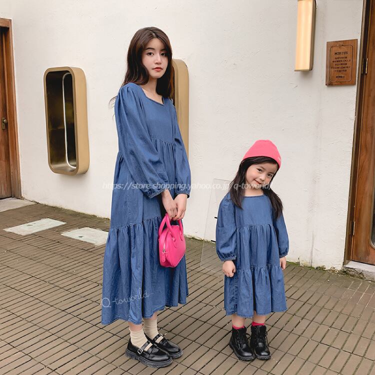 90 130 ワンピース 長袖 デニム リンクコーデ ママサイズ有 韓国子供服 子供服 女の子 キッズ Q Toworld キュートワールド 子供服
