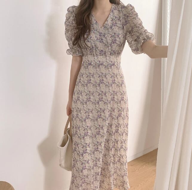 クラシックフラワーワンピース 花柄 Vネック ハイウエスト ロングスカート Cocotte プチプラ韓国ファッションのお店 ココット 女の子の可愛いは作れる
