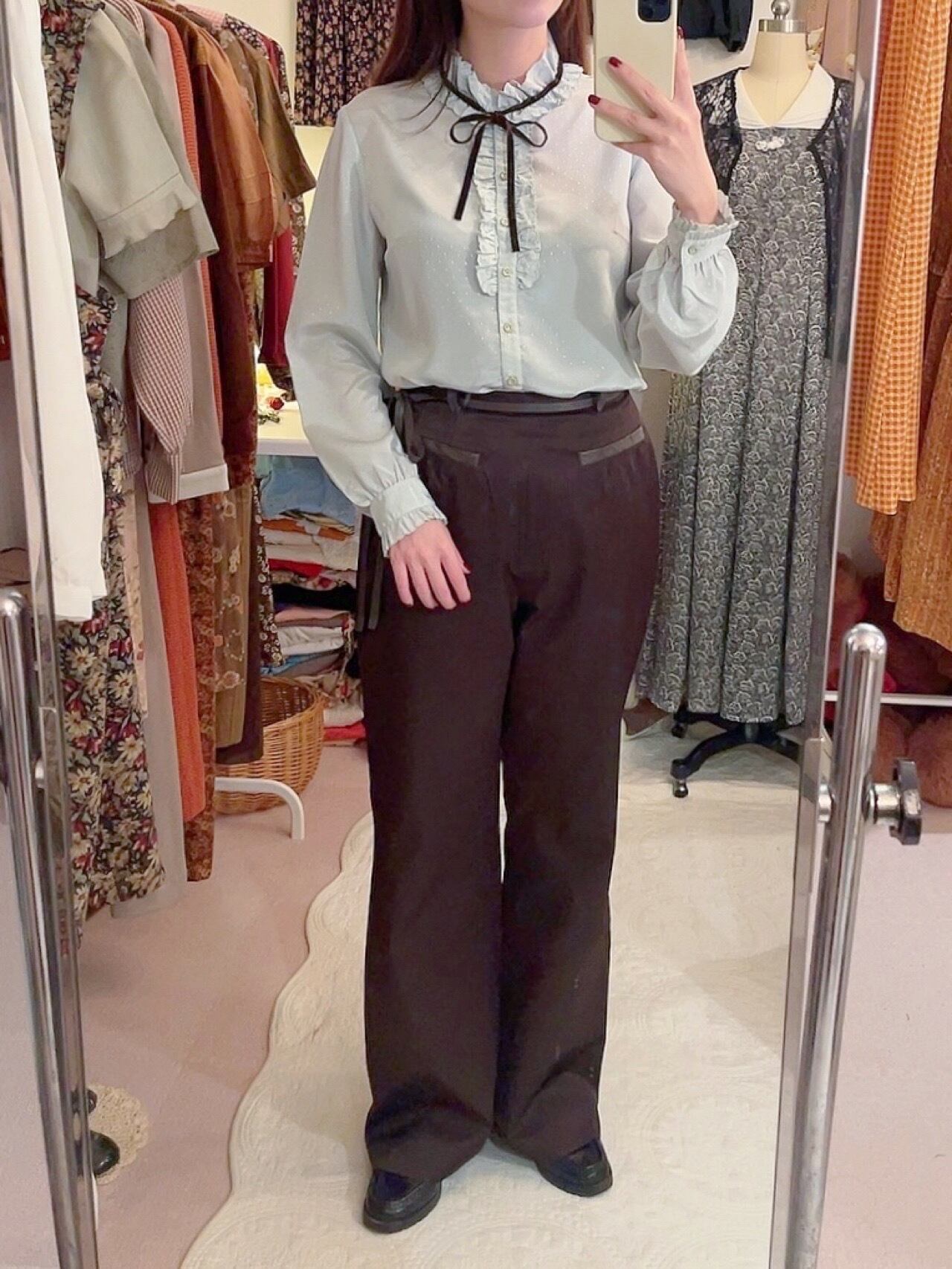 mint green velours ribbon blouse