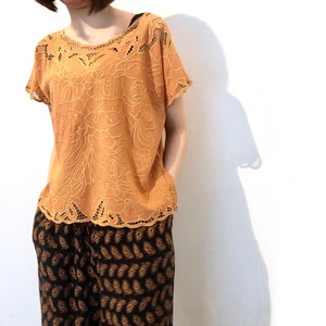 Vintage Orange Embroidered Cutwork Rayon Top / カットワーク刺繍レーヨントップス