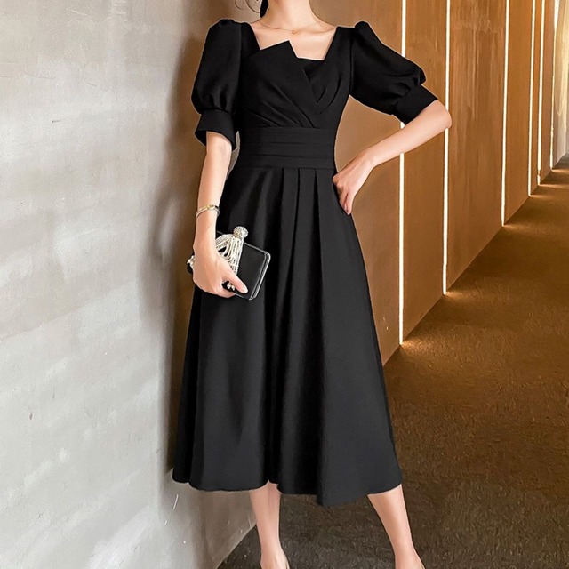 【送料無料】2色 パーティ ドレス ワンピ ワンピース フレア パフスリーブ 半袖 ミモレ丈 結婚式 お呼ばれ 演奏会 発表会 フォーマル シック 二次会 無地 きれいめ エレガント 華やか プリティ カワイイ レディース 脚長 着痩せ XS S M L XL 2XL 小さいサイズ 大きいサイズ おしゃれ 春 夏 秋 冬 ブラック レッド 黒 赤 大人可愛い モテコーデ 存在感 主役級 こなれ感 韓国ファッション 海外トレンド インスタ映え 大人気 流行 10代 20代 30代 40代 no2327