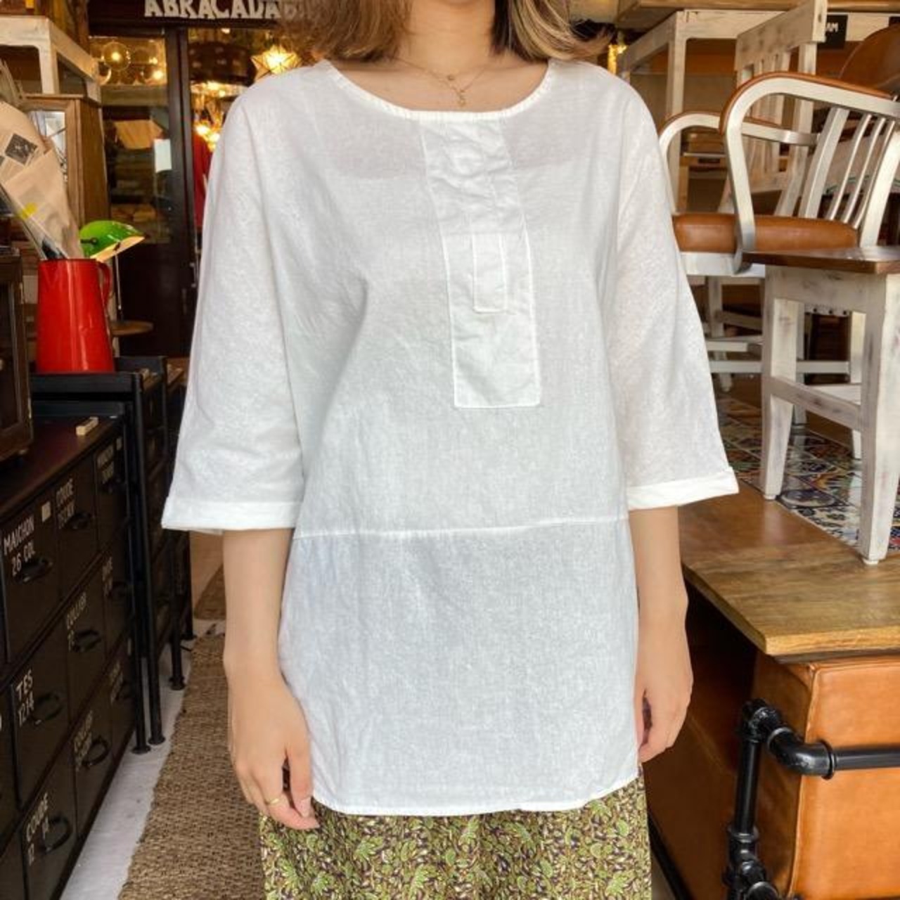 TOPANGA Lady's　フロントライン5分袖ブラウス　オフホワイト