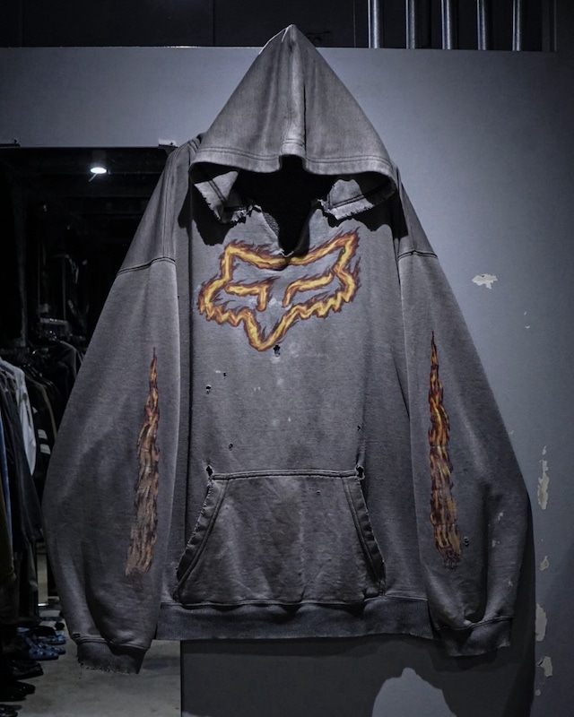 【add (C) vintage】“FOX RACING” Fire Logo Design Loose Boro Pullover Hoodie