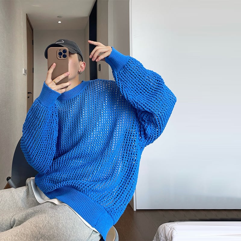 dannyandzeeホール編み薄手クルーネックニット | mblueshop