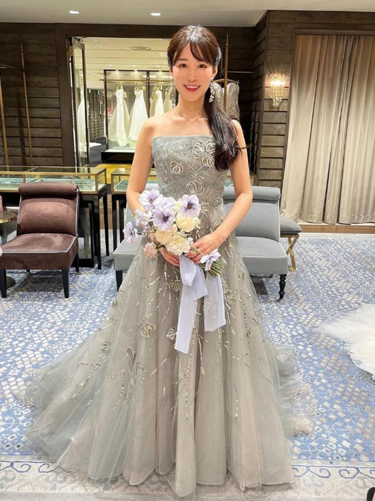 カラードレス グレー キラキラ光る刺繍 上質オーガンジー ブライダル  