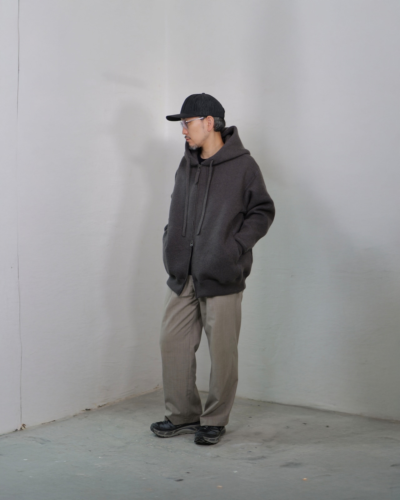 MAYKAM - Wool Sweat Zip Hoodie :Grey|エクストラファインウール混/軽量ボリューム/ダブルジップ/共糸ドローコード